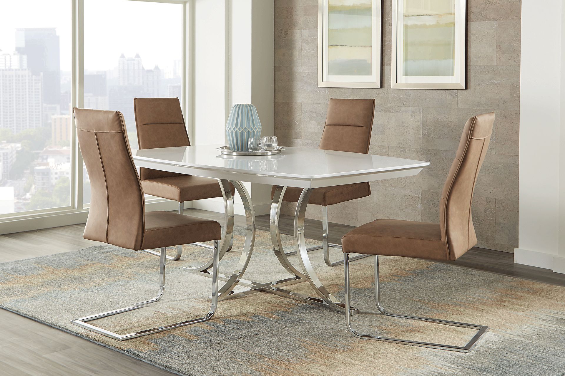 Washington Square White 5 Pc Dining Room with Camel Chairs - Image 1