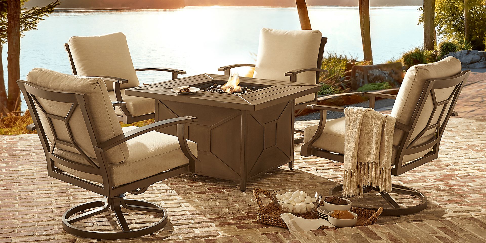 Waterfront Bronze 5 Pc Outdoor Fire Pit Set with Beige Cushions - Image 1