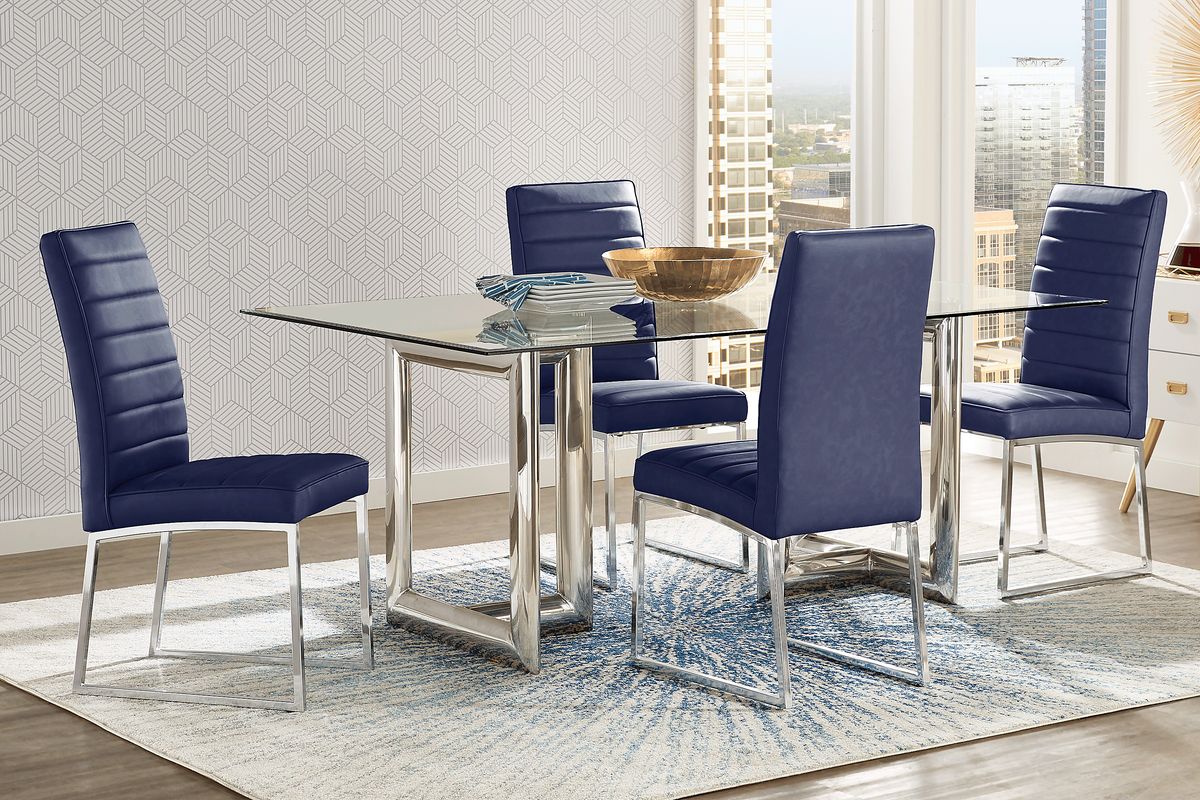 Waycroft 5 Pc Chrome Metal Midnight Blue Dining Room Set With Rectangle ...