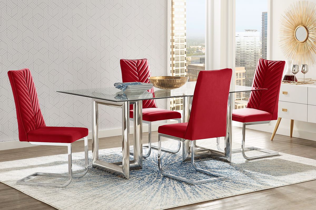 Waycroft 5 Pc Chrome Metal Red Dining Room Set With Rectangle Dining ...