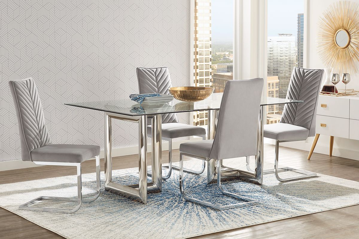 Waycroft 7 Pc Chrome Metal Light Gray Dining Room Set With Rectangle ...