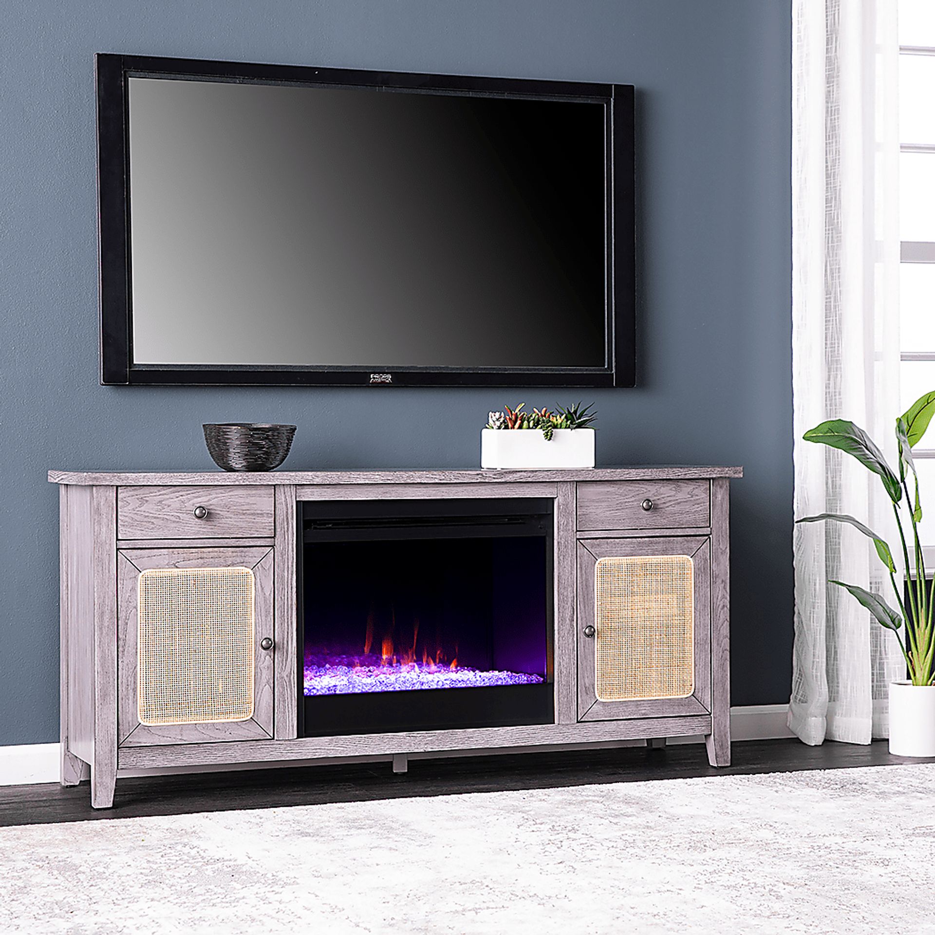 Welford I Gray 58 in. Console with Color Changing Fireplace - Image 2