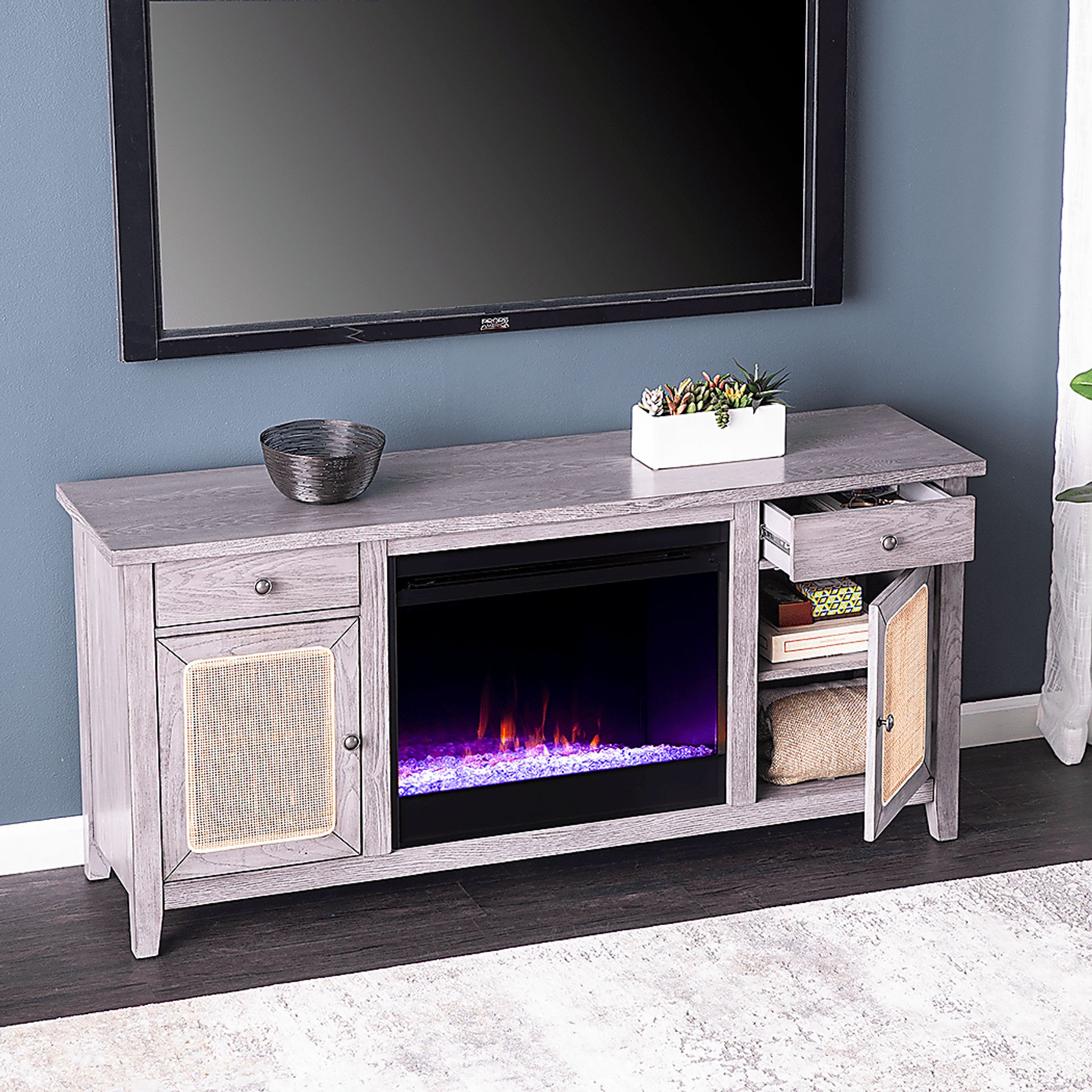 Welford I Gray 58 in. Console with Color Changing Fireplace - Image 4