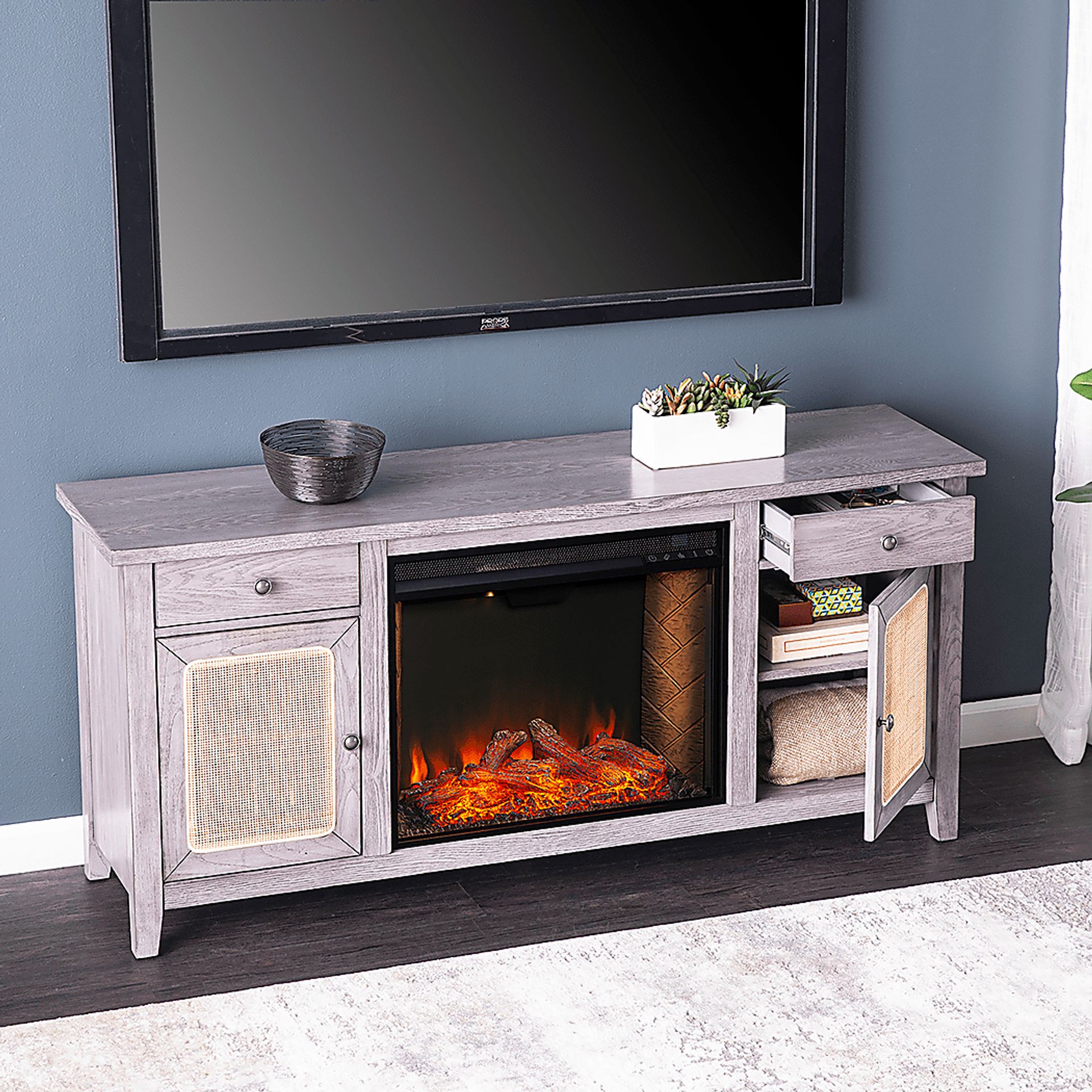 Welford III Gray 58 in. Console with Smart Fireplace - Image 5