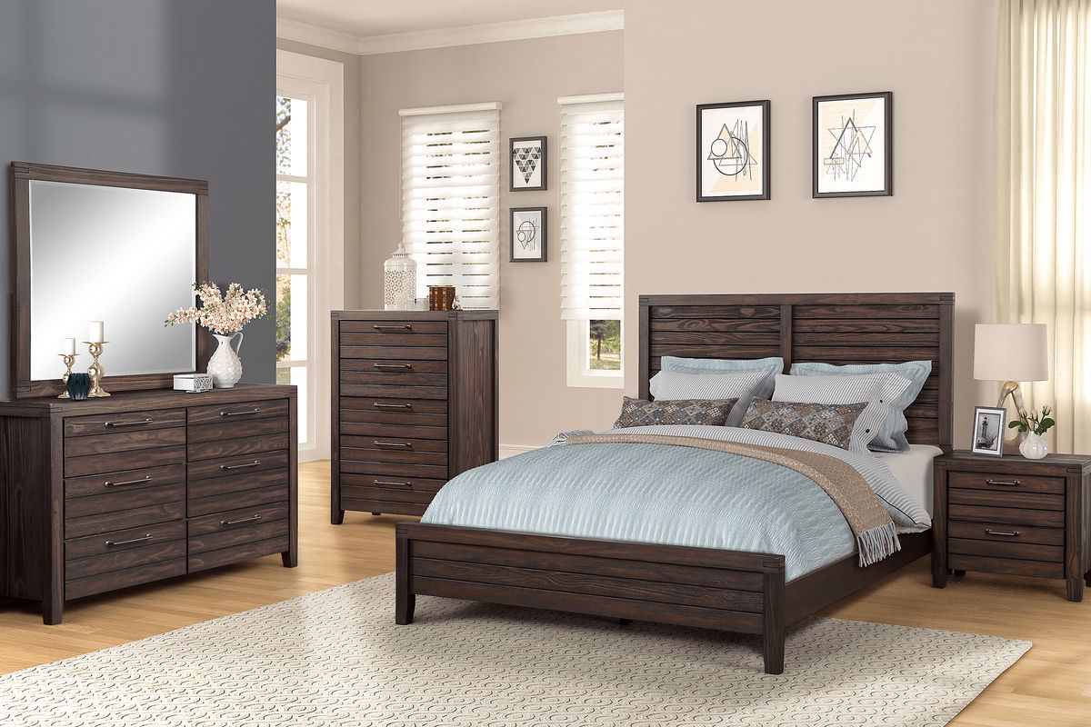 Wesson Road 5 Pc Brown Dark Wood Queen Bedroom Set With Dresser, Mirror ...