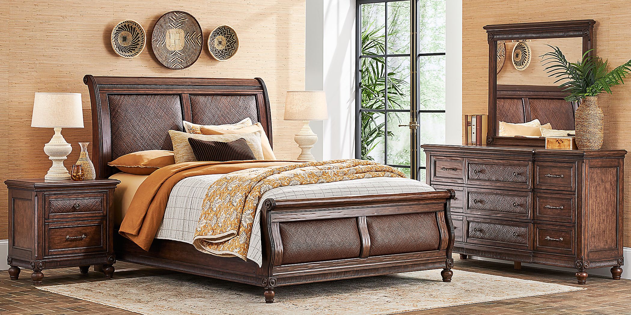 Cindy Crawford West Indies 5 Pc Brown Dark Wood Queen Bedroom Set With