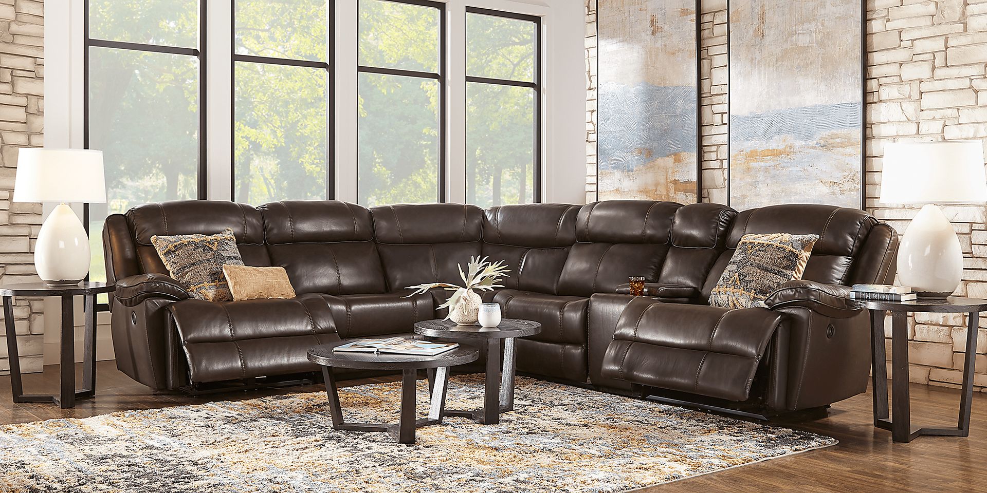 West Valley Brown Leather 10 Pc Power Reclining Sectional Living Room - Image 1