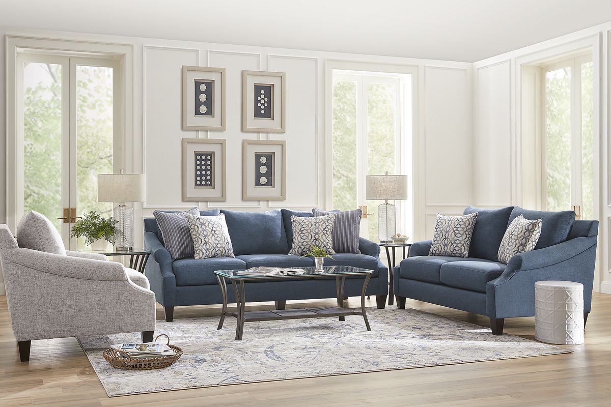 Westerfield 5 Pc Blue Chenille Fabric Living Room Set With Sofa ...