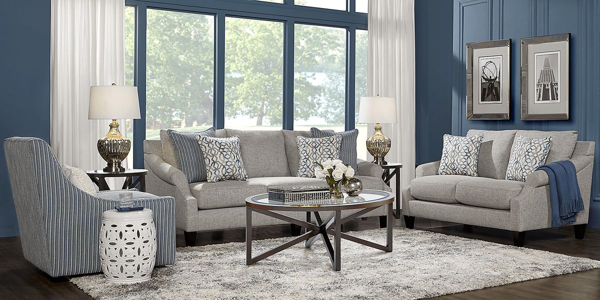 Westerfield 7 Pc Gray Chenille Fabric Living Room Set With Sofa Loveseat 3 Pc Table Set Lamp