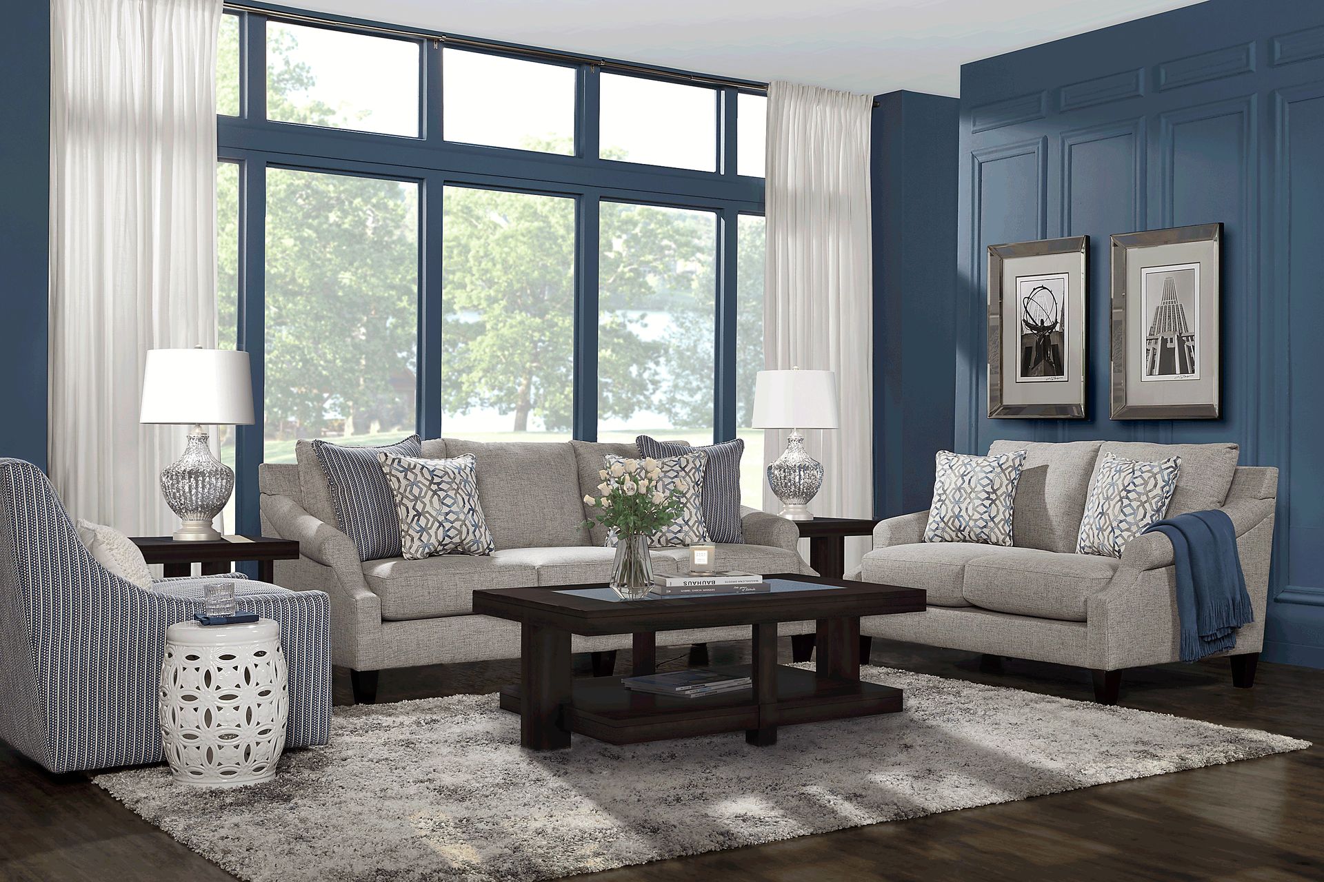 Westerfield 7 Pc Gray Chenille Fabric Living Room Set With 3 Pc Table ...