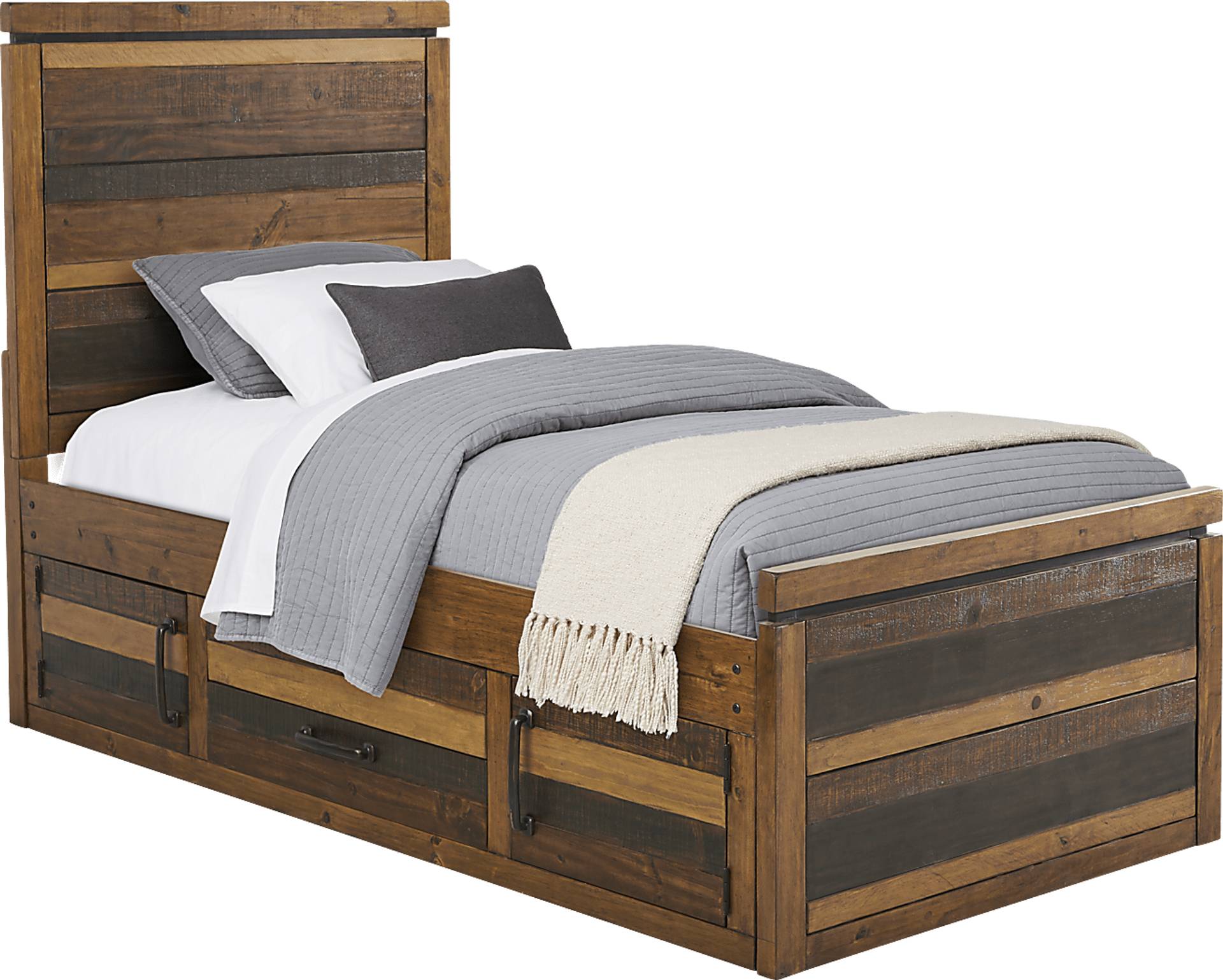 brown 3 pc twin panel bed with 2 storage rails