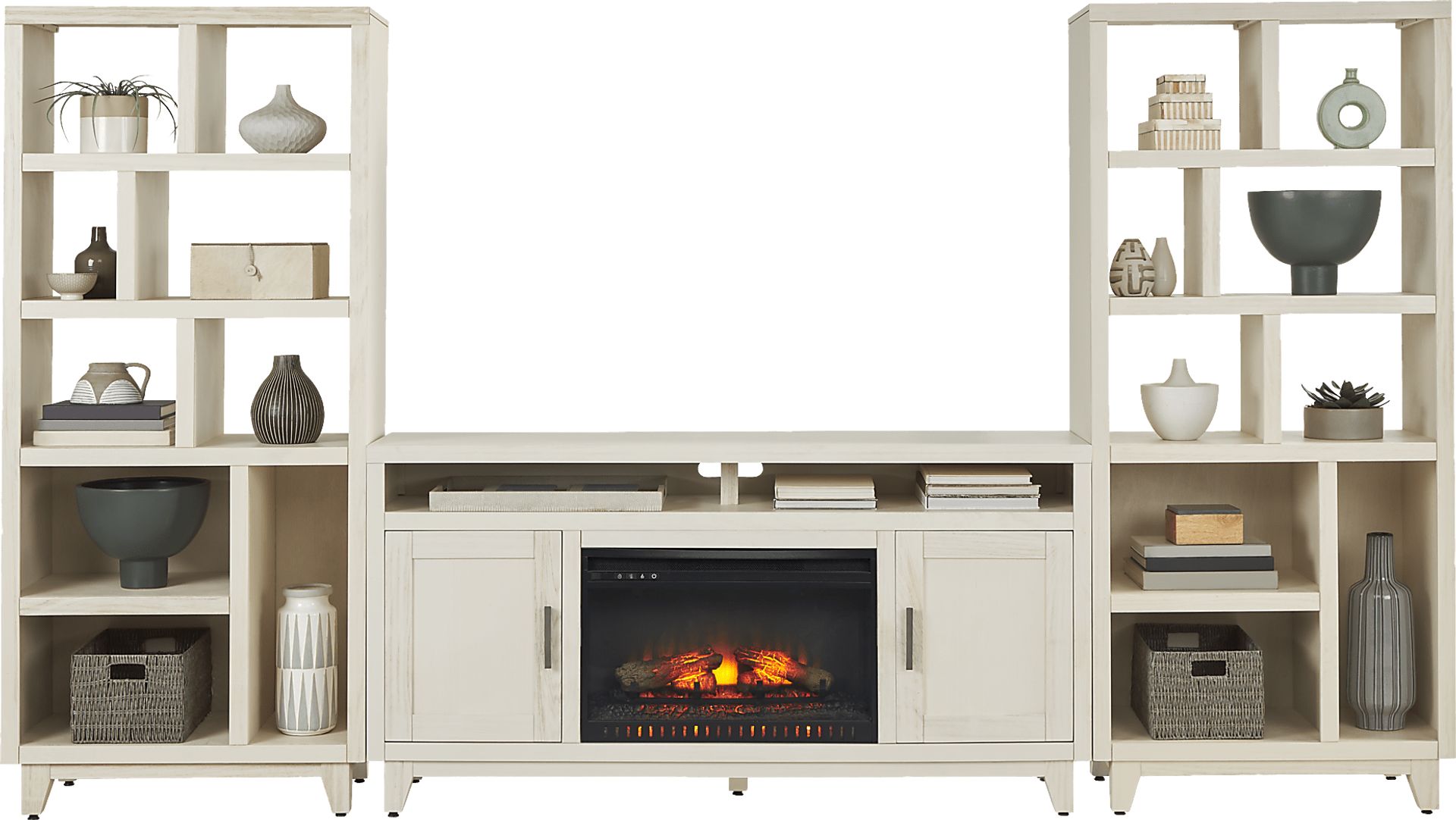 Valinor White 4 Pc Wall Unit with 64 in. Console and Electric Log Fireplace - Image 2