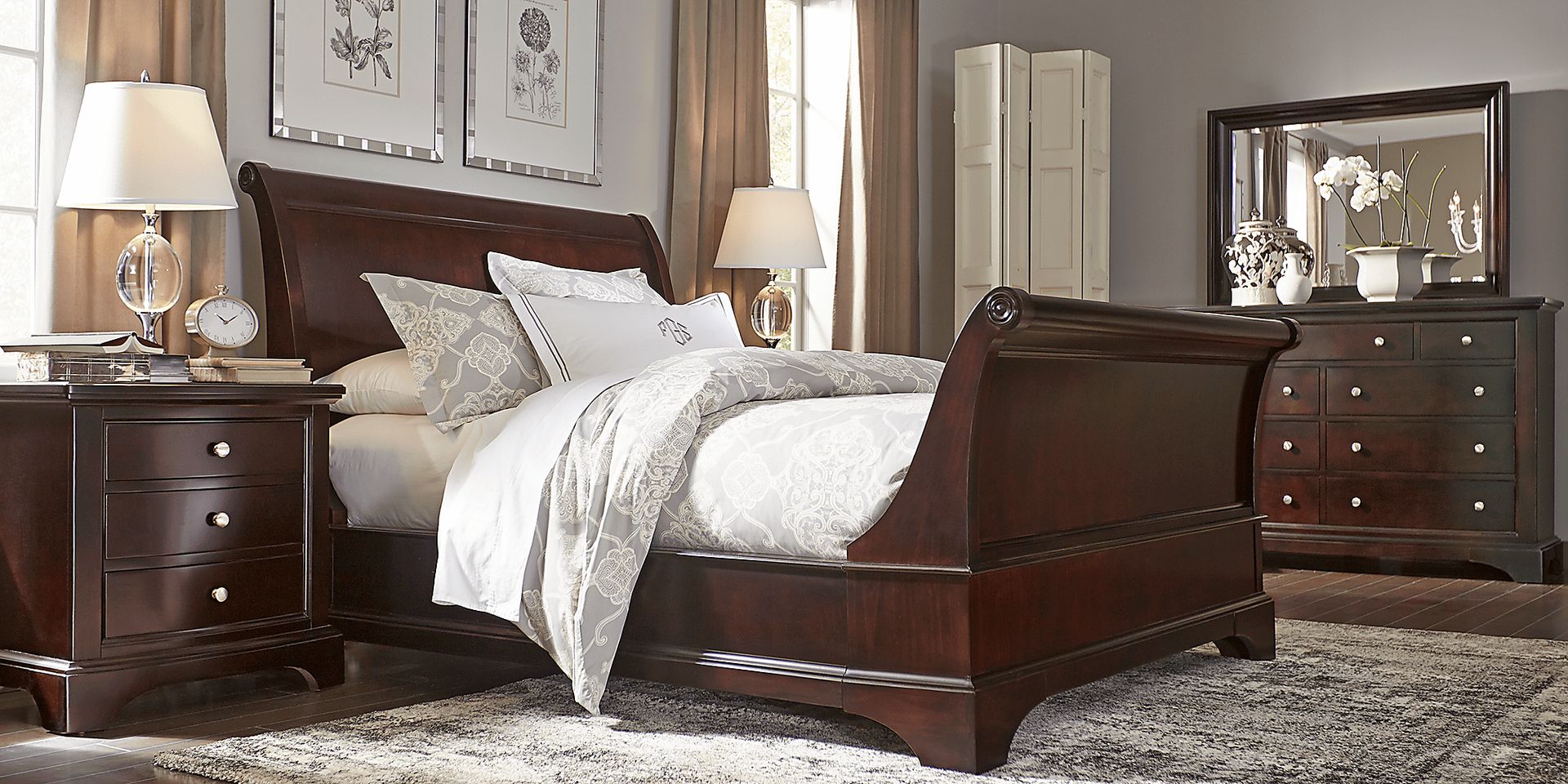 Dark wood sleigh bed king hotsell