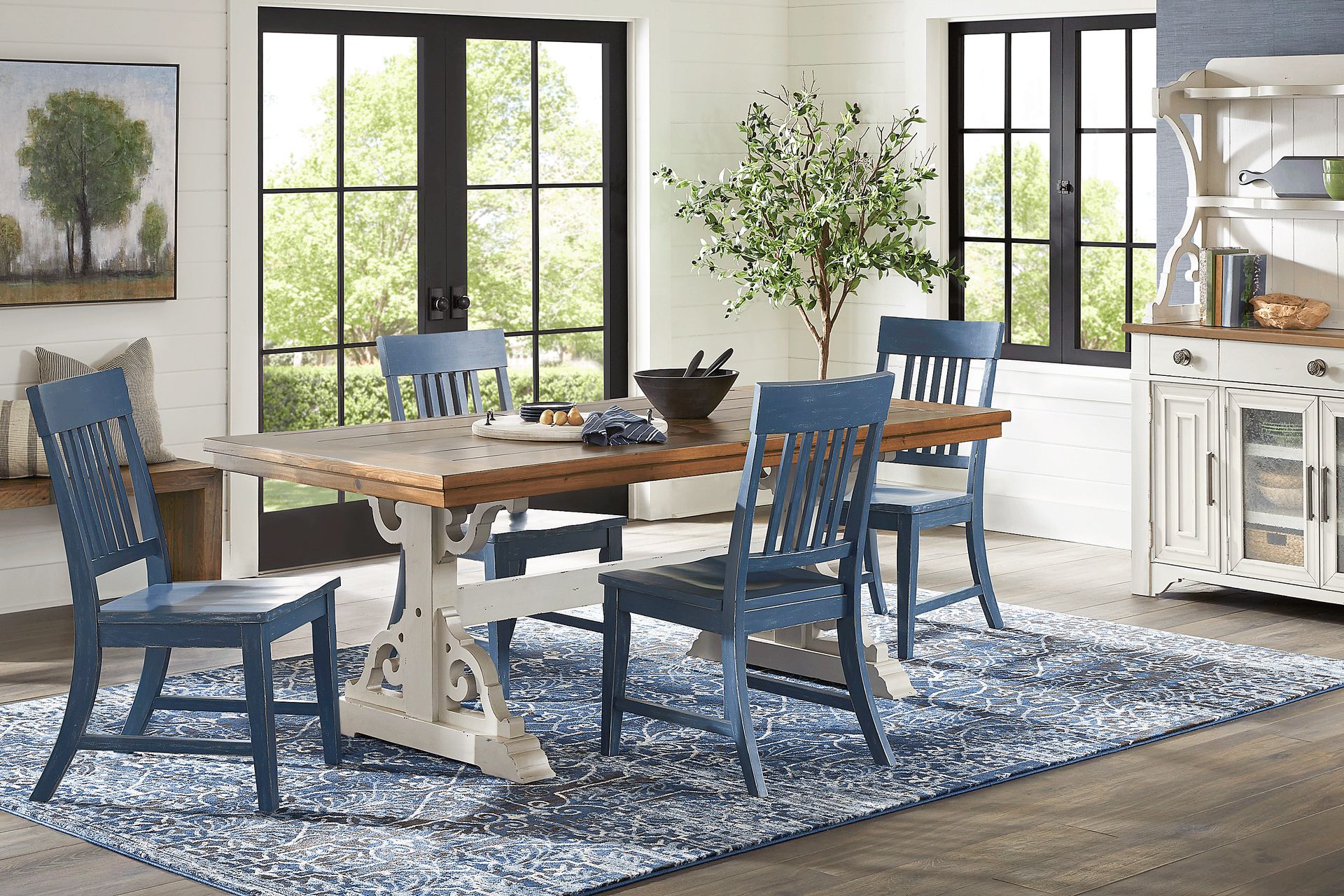 Wicklow Hills White 5 Pc Rectangle Trestle Dining Room with Blue Slat Back Side Chairs - Image 1