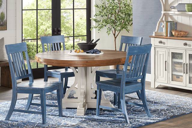 Wicklow Hills White 5 Pc Round Dining Room with Blue Slat Back Side Chairs - Thumbnail - Image 1