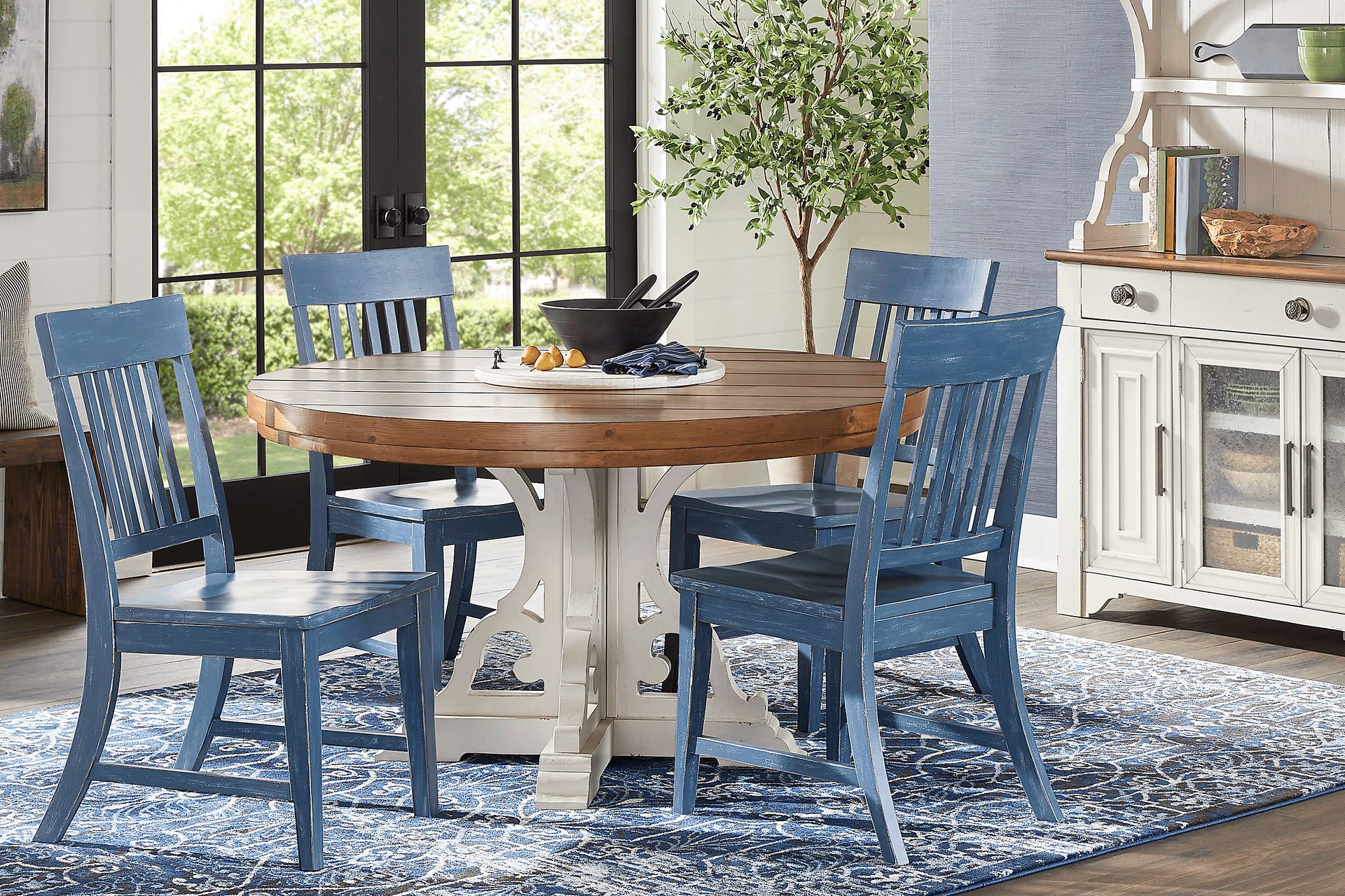 Wicklow Hills White 5 Pc Round Dining Room with Blue Slat Back Side Chairs - Image 1