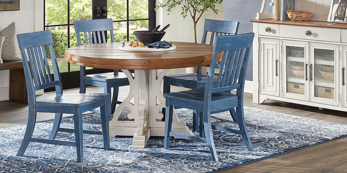 Wicklow Hills White 5 Pc Round Dining Room with Blue Slat Back Side Chairs