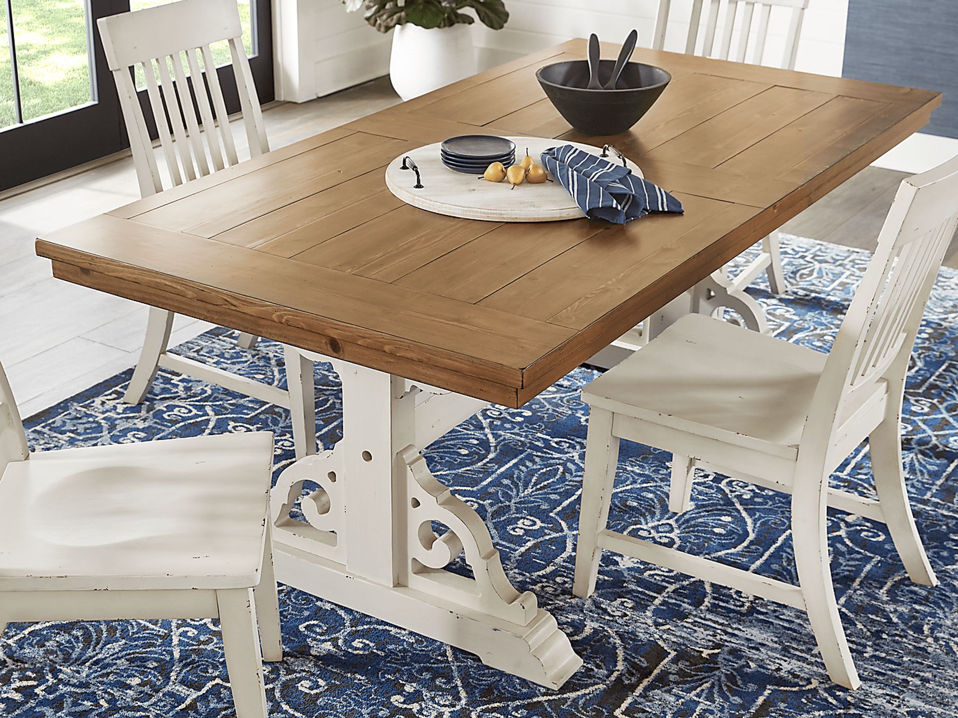 Wicklow Hills White 5 Pc Rectangle Trestle Dining Room with Blue Slat Back Side Chairs - Image 3