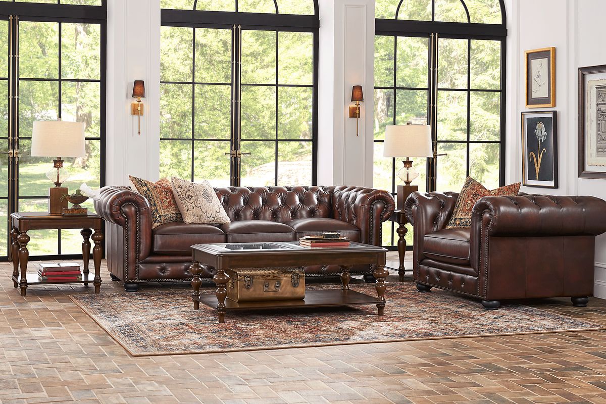 Winchester Way 5 Pc Brown Leather Living Room Set With Sofa, Chair, 3