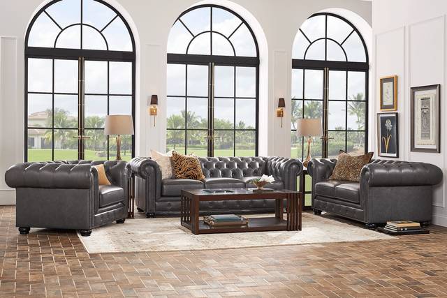 Winchester Way Gray Leather 3 Pc Living Room - Thumbnail - Image 1