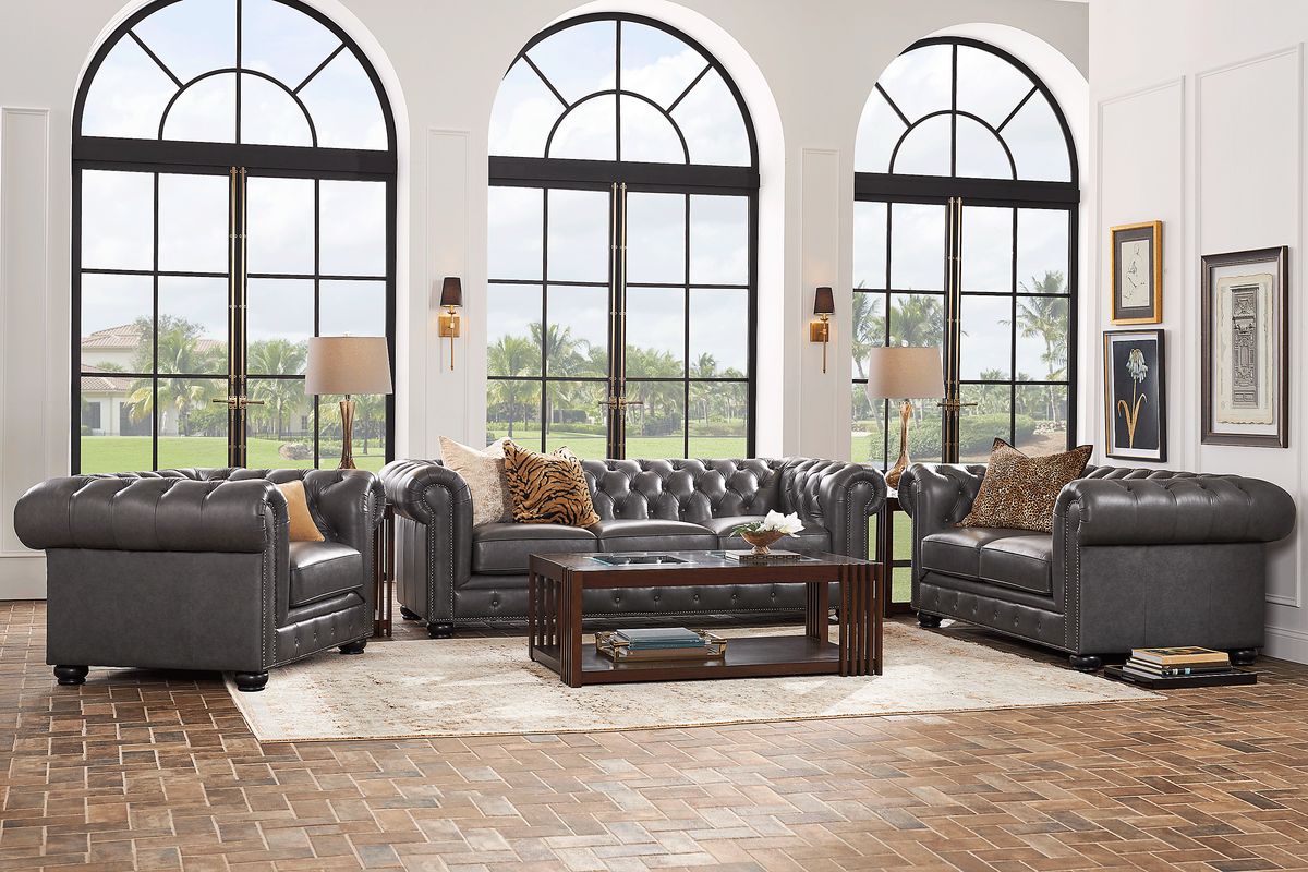 Winchester Way 3 Pc Gray Leather Living Room Set With Sofa, Loveseat