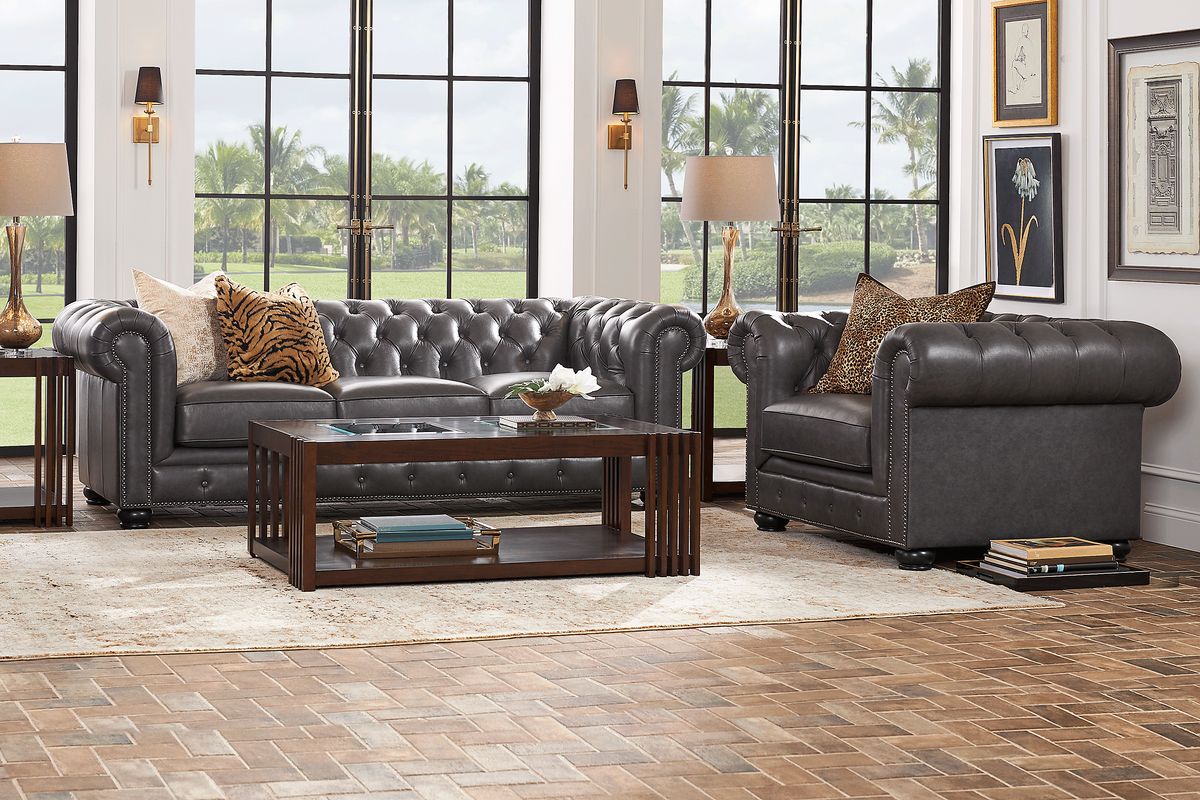 Winchester Way 5 Pc Gray Leather Living Room Set With Sofa, Chair, 3 Pc