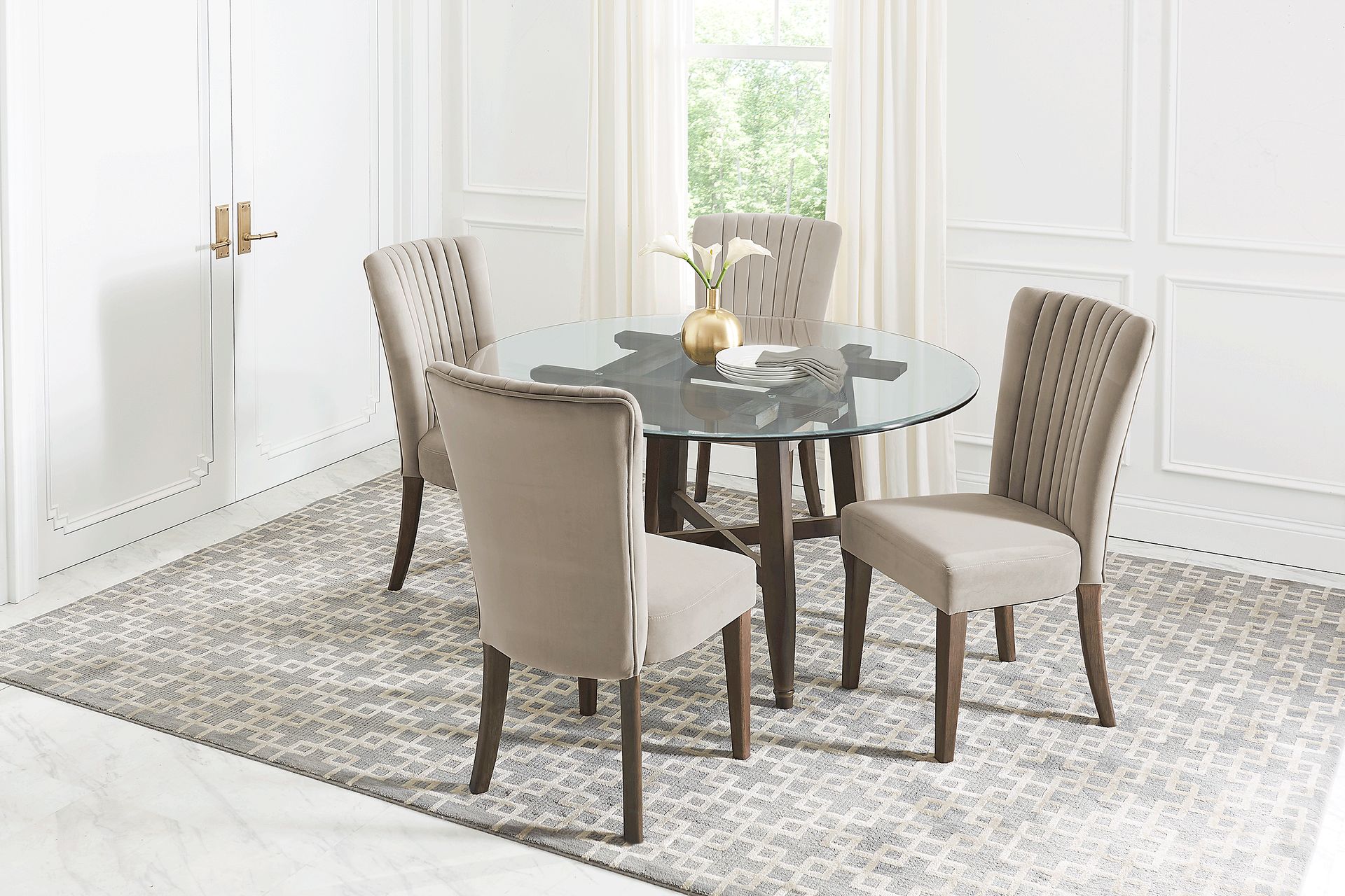 Woodland Avenue Brown 5 Pc Round Dining Set with Beige Chairs - Image 1