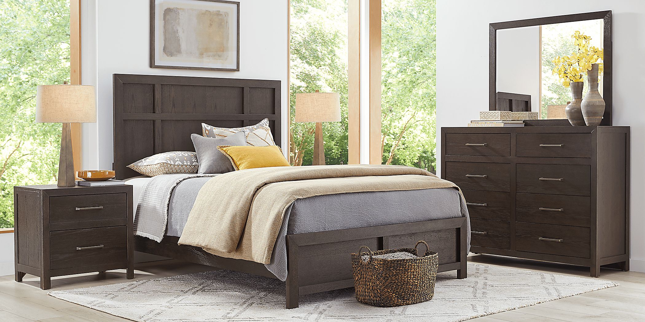 Woodley 5 Pc Dark Brown Wood Queen Bedroom Set With Dresser, Mirror, 3 Pc Queen Panel Bed ...