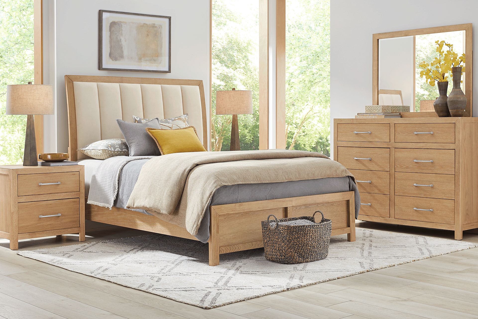 Woodley Natural 7 Pc Queen Upholstered Bedroom - Image 1