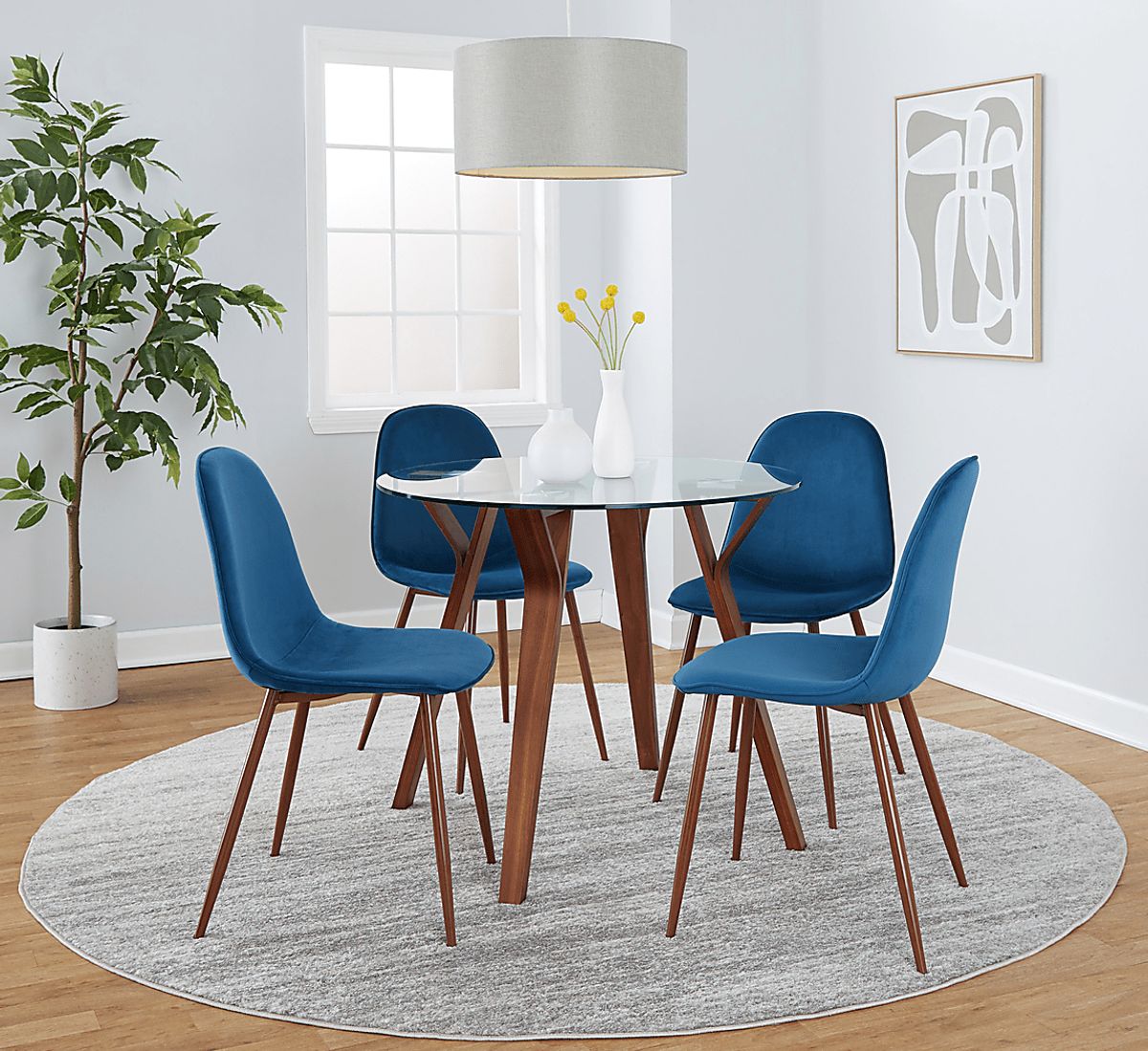 Wrenfrew I Walnut Dark Wood Blue Velvet Plush 5 Pc Dining Set | Rooms to Go