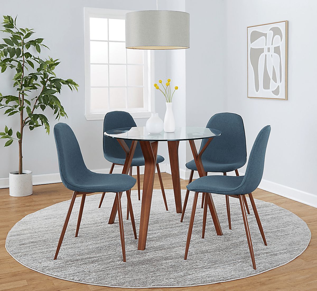 Wrenfrew I Walnut Dark Wood Blue Polyester Fabric 5 Pc Dining Set ...