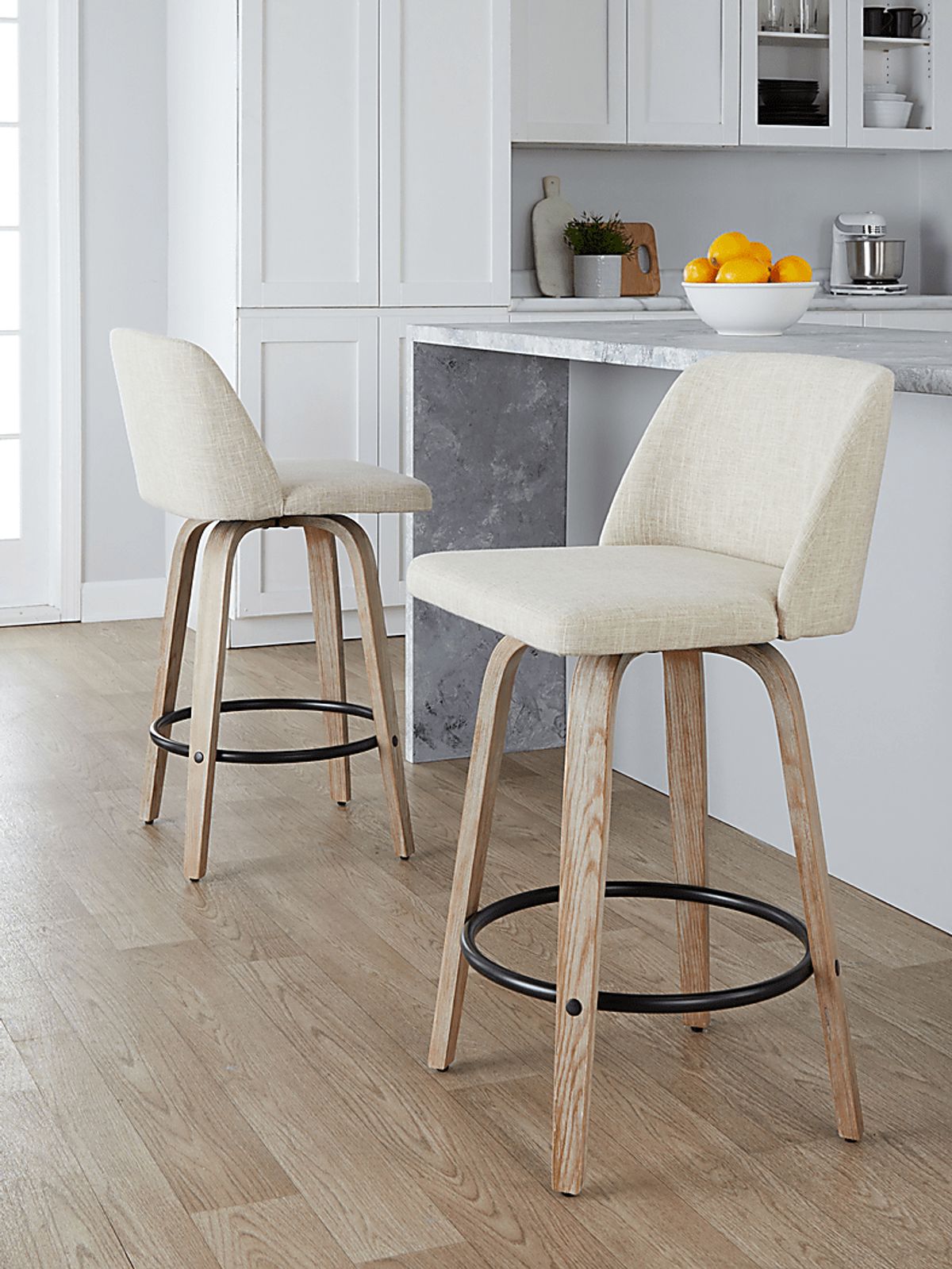 Wymering XII White Washed Cream Beige Polyester Fabric Swivel Barstool ...