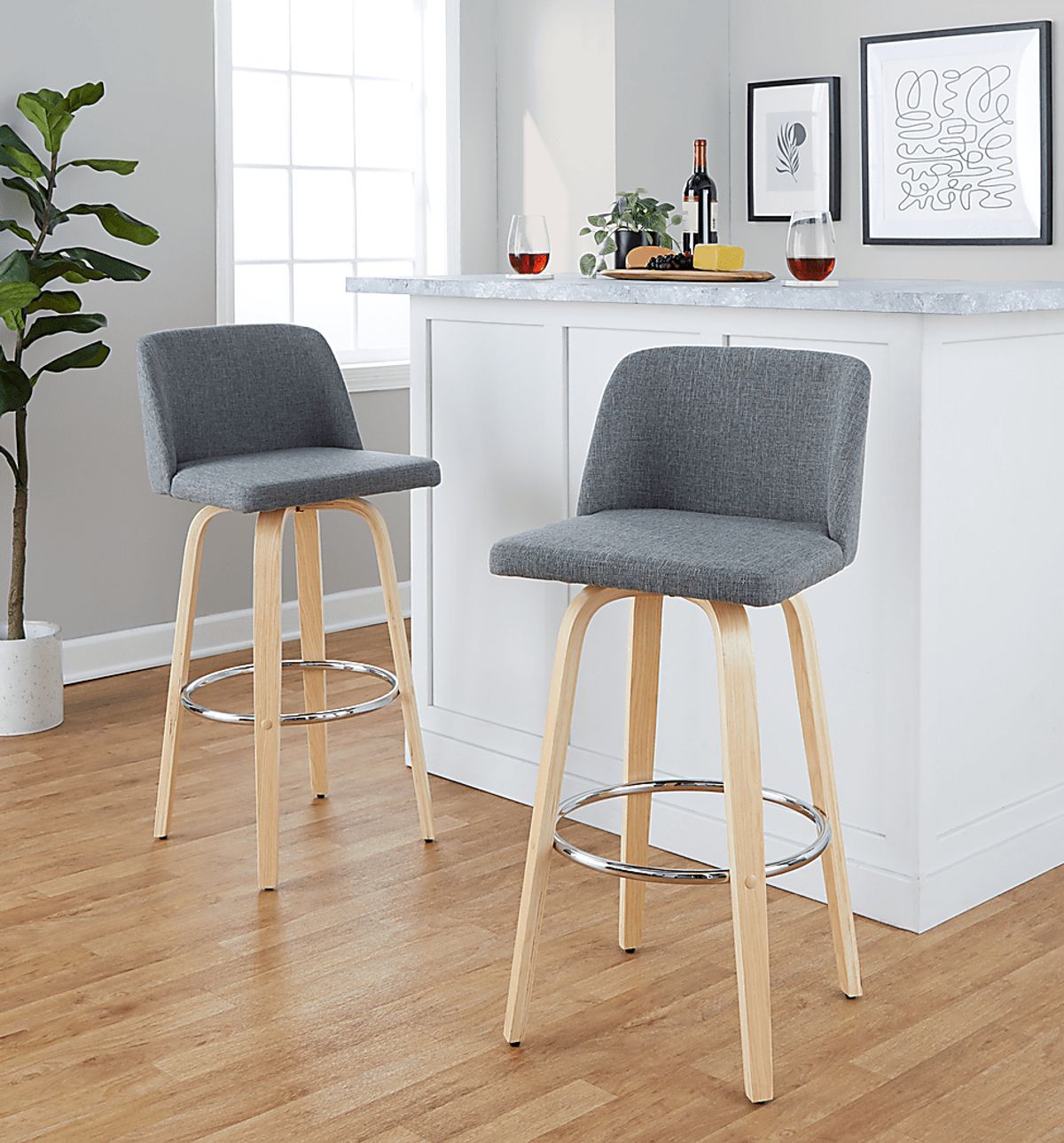 Wymering XVII Walnut Dark Wood Gray Polyurethane Fabric Swivel Barstool ...