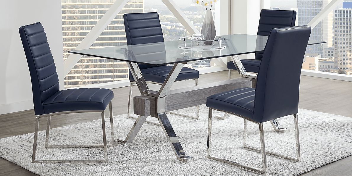 Wyndhall 5 Pc Chrome Metal Midnight Blue Dining Room Set With Rectangle