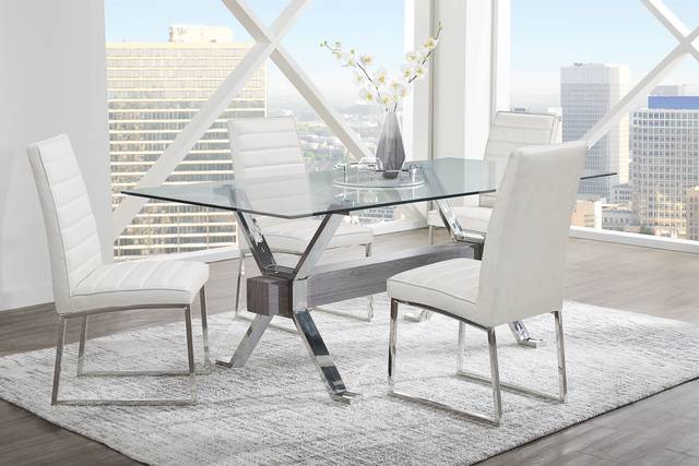 Wyndhall Chrome 5 Pc Rectangle Dining Room with Off-White Chairs - Thumbnail - Image 1