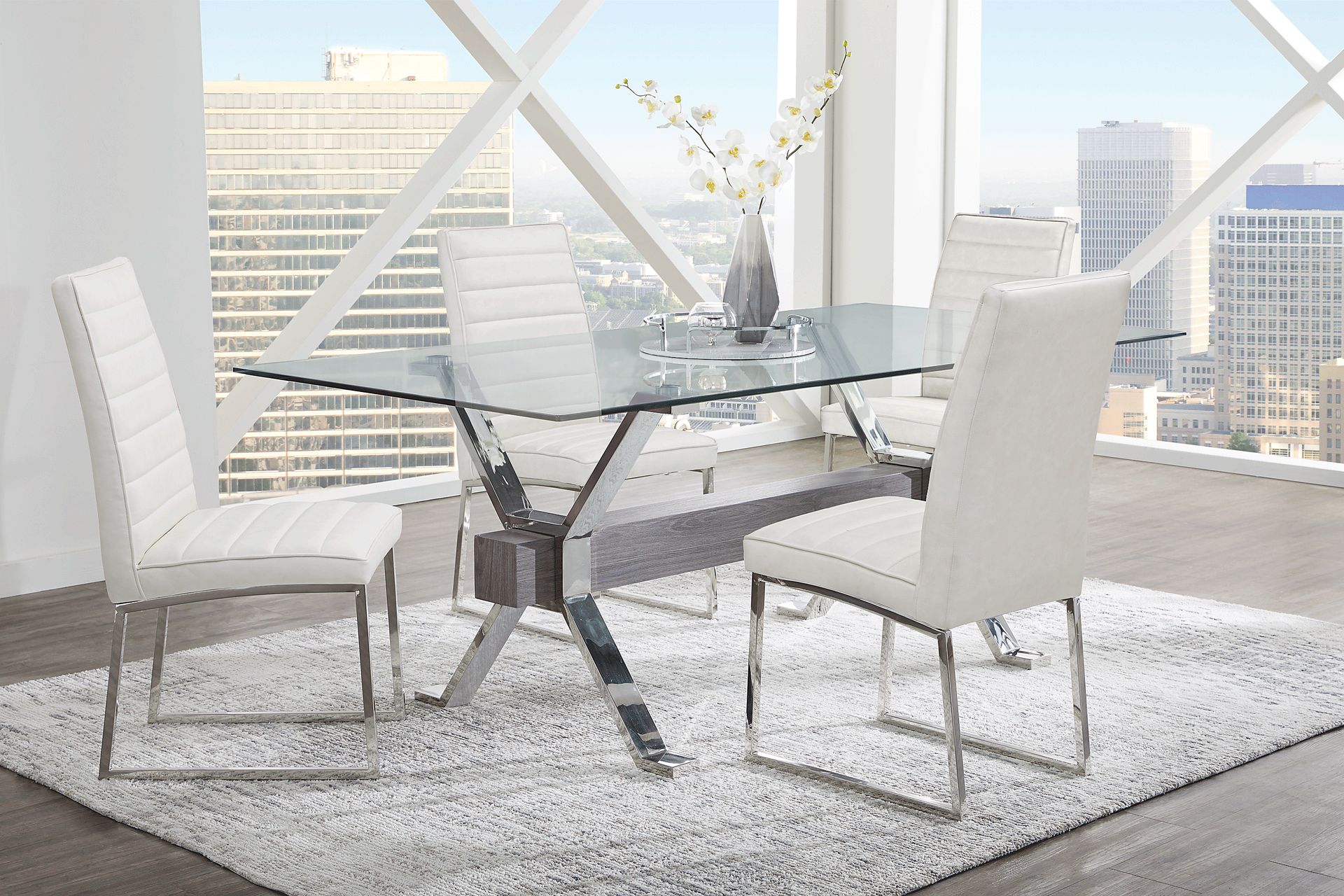 Wyndhall Chrome 5 Pc Rectangle Dining Room with Off-White Chairs - Image 1