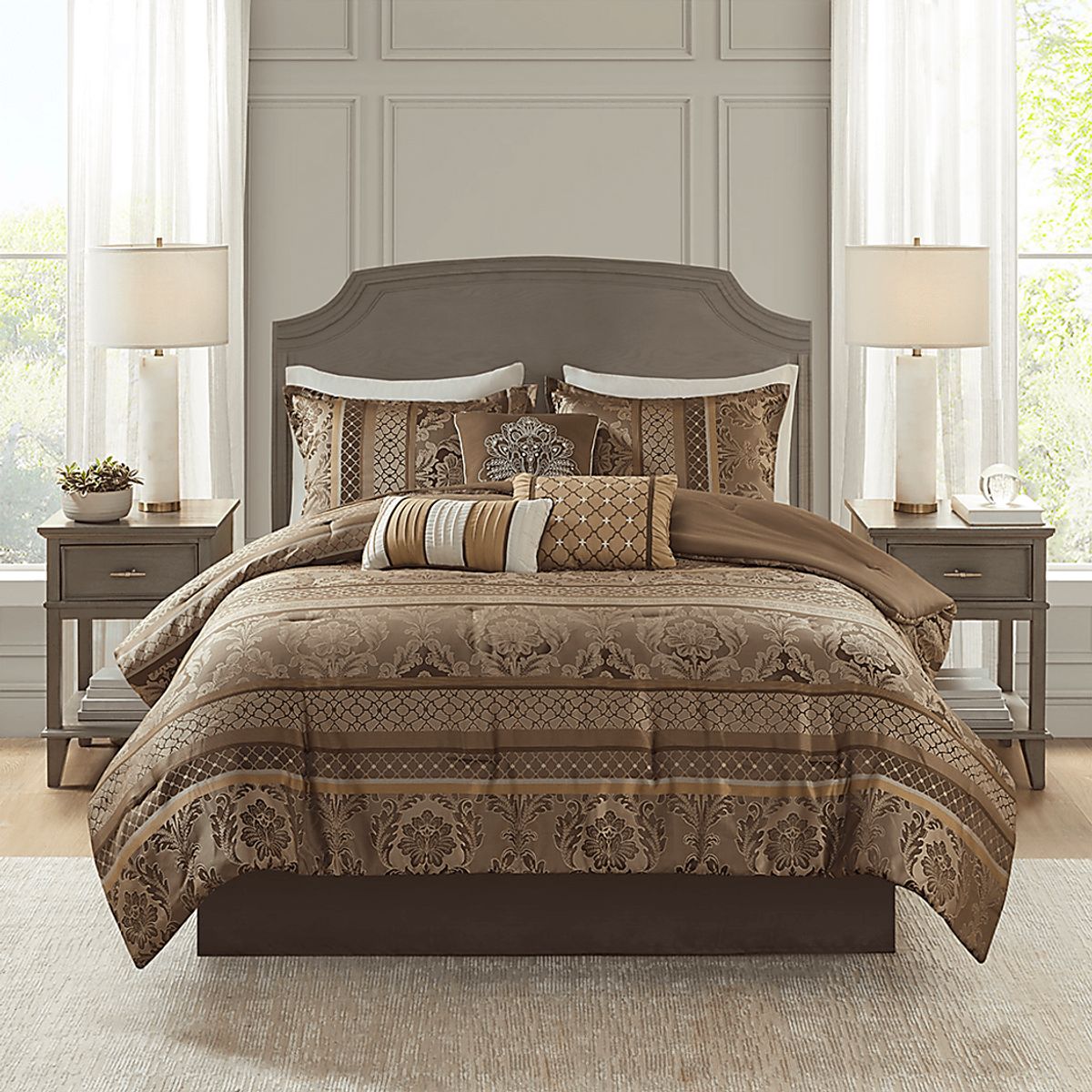 Yewell Brown Polyester Fabric 7 Pc Queen Comforter Set | Rooms to Go