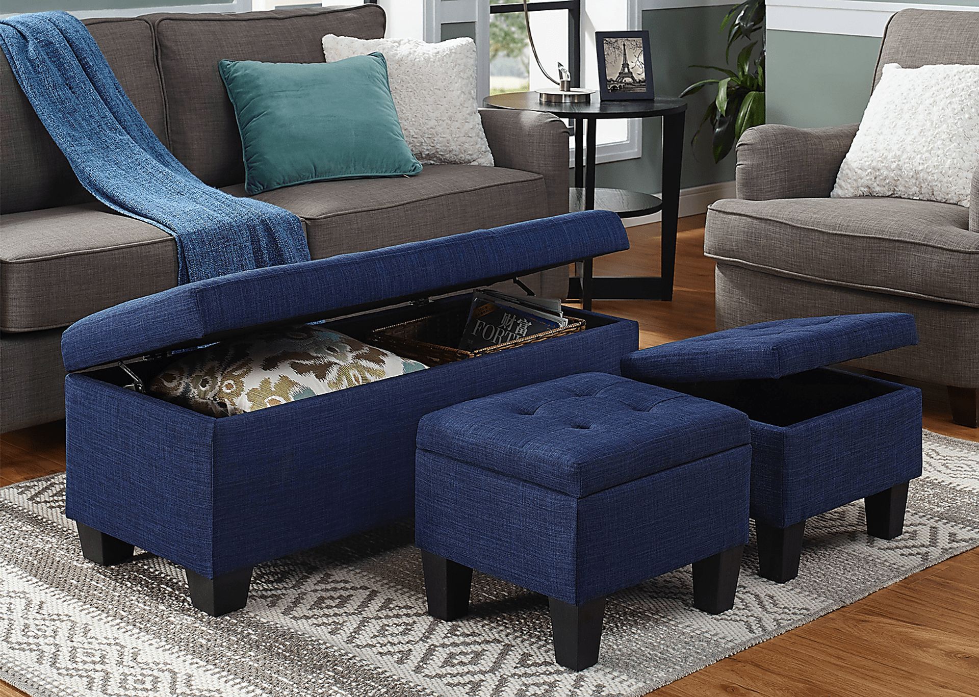 Yoest Blue 3pc Storage Ottoman Set - Image 2