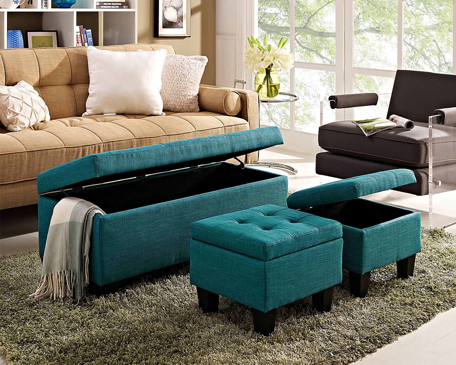 Yoest Teal 3pc Storage Ottoman Set - Image 2