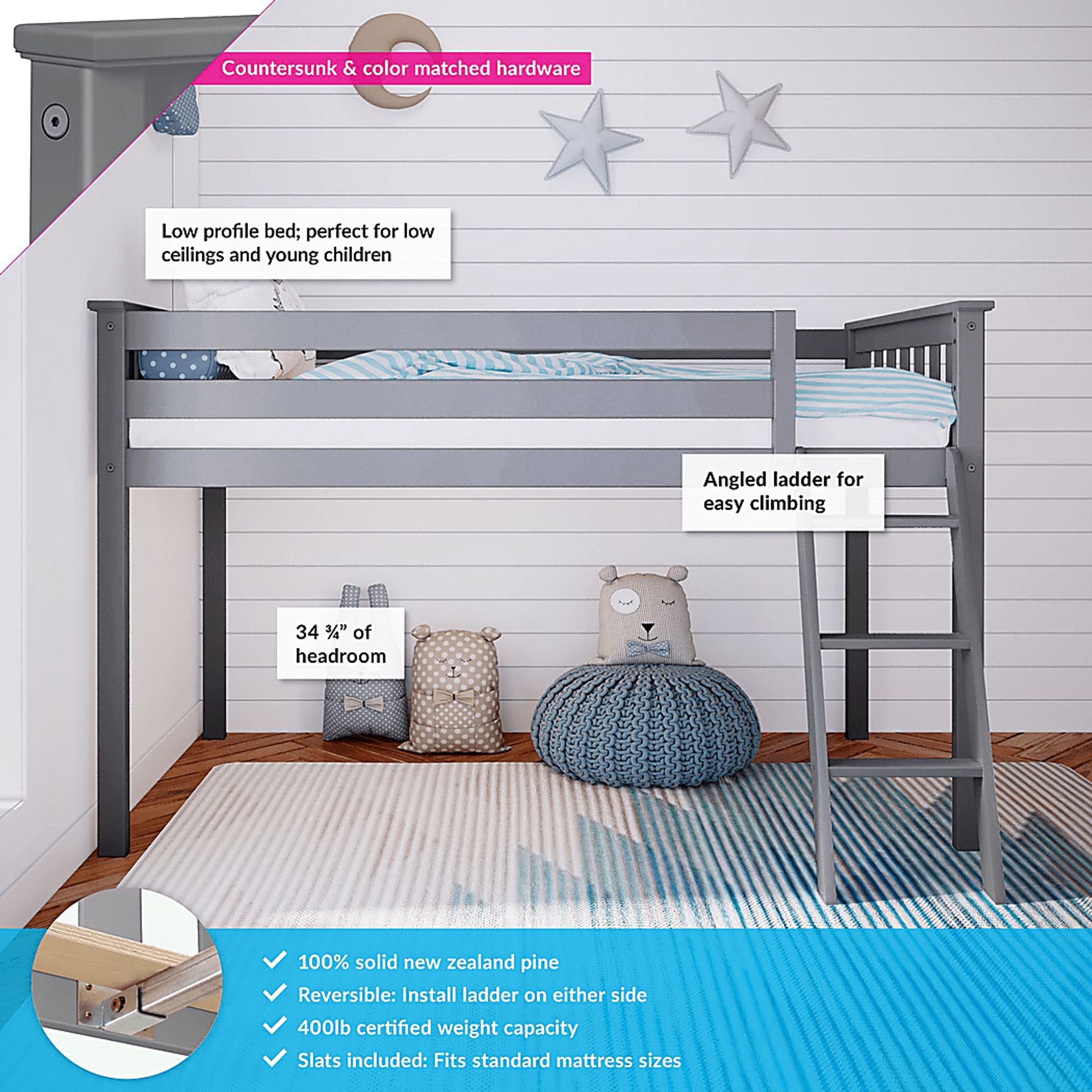 Kids Zahava Gray Twin Low Loft Bed - Image 4