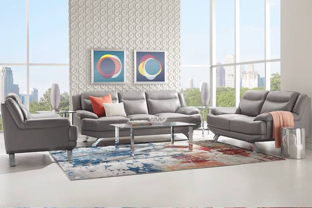 Zamora Gray Leather 7 Pc Living Room - Thumbnail - Image 1