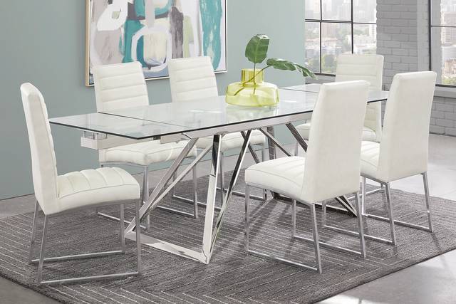 Zenica Silver 7 Pc Rectangle Dining Room with Off-White Chairs - Thumbnail - Image 1