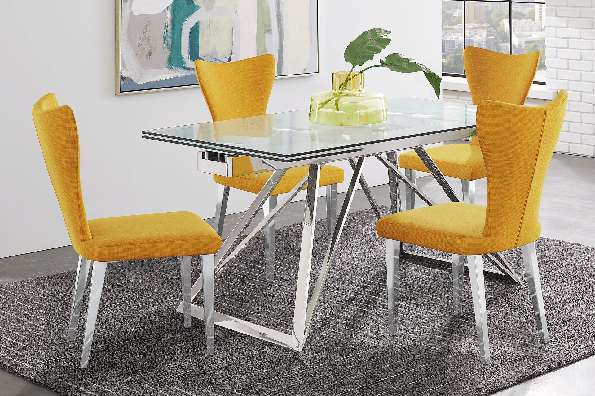 Zenica Silver 5 Pc Rectangle Dining Room with Yellow Chairs - Image 1