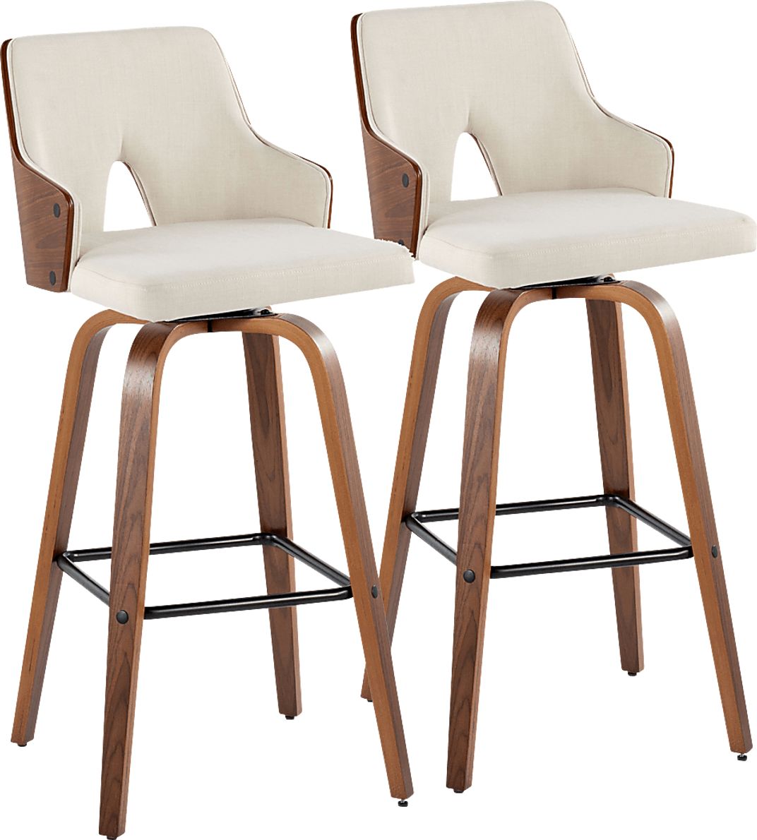 Zennia Walnut Dark Wood Cream Beige Polyester Fabric Swivel Barstool