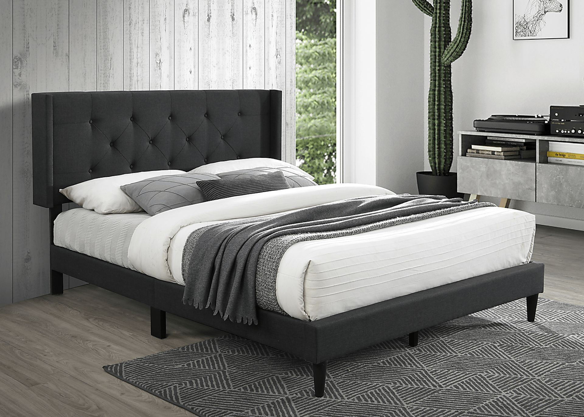 Zillesa Charcoal Wingback Upholstered Queen Bed - Image 2