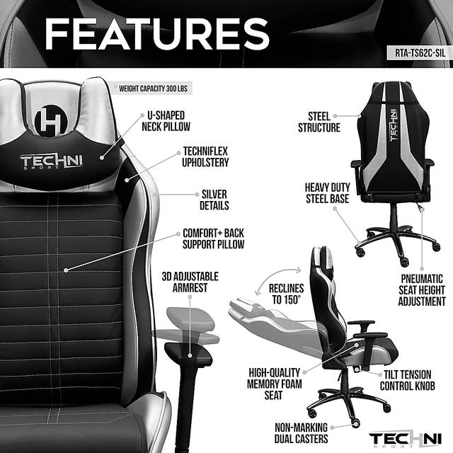 Zursa Black/Silver Gaming Chair - Thumbnail - Image 3