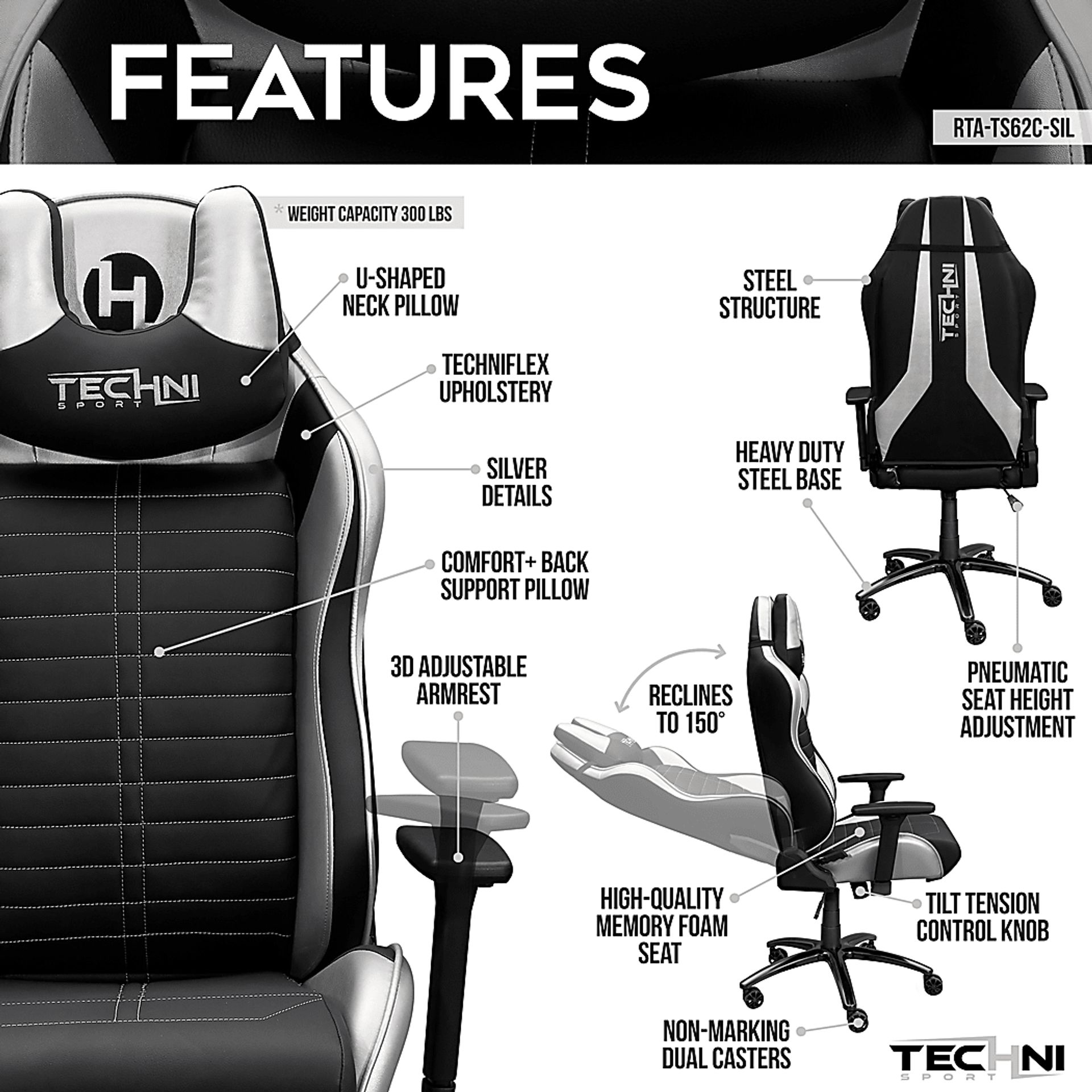Zursa Black/Silver Gaming Chair - Image 3