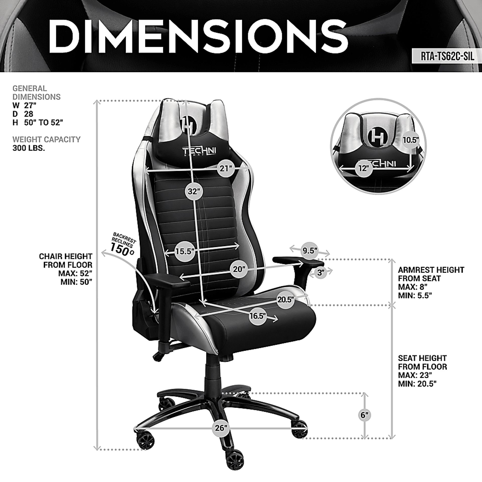 Zursa Black/Silver Gaming Chair - Image 4