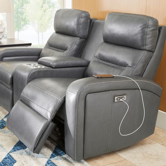 gray leather dual power reclining loveseat