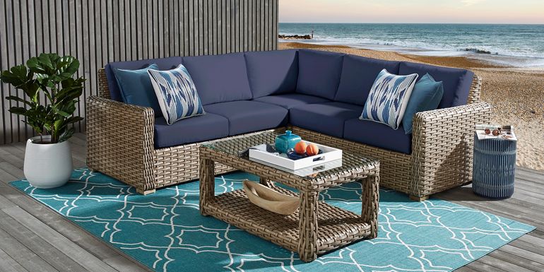 Siesta Key Driftwood 3 Pc Outdoor Sectional with Indigo Cushions